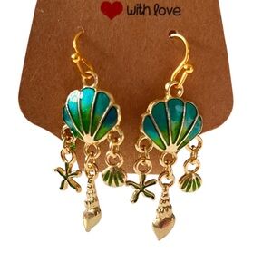 Gold-Tone Green Blue Enamel Seashell Drop Earrings